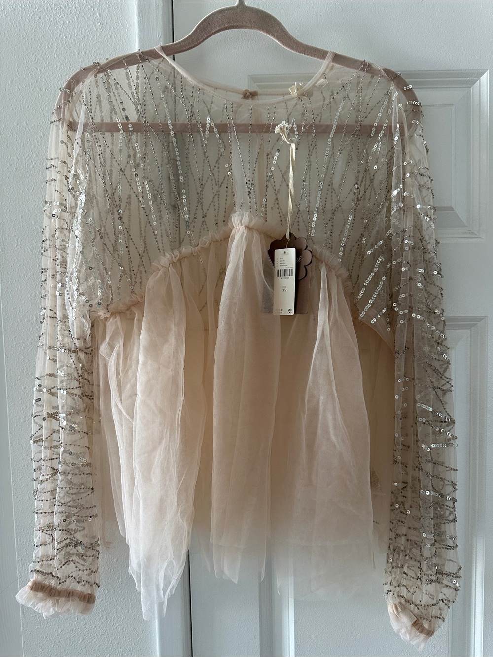 NWT Blush Sequin Peplum Blouse with Tulle Accents XS from Anthropologie